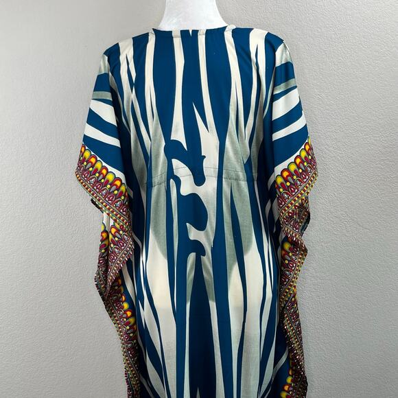 Shoreline Wear Blue Multi Abstract Animal Stripe Cinched Kaftan Midi Dress OS - Picture 11 of 16